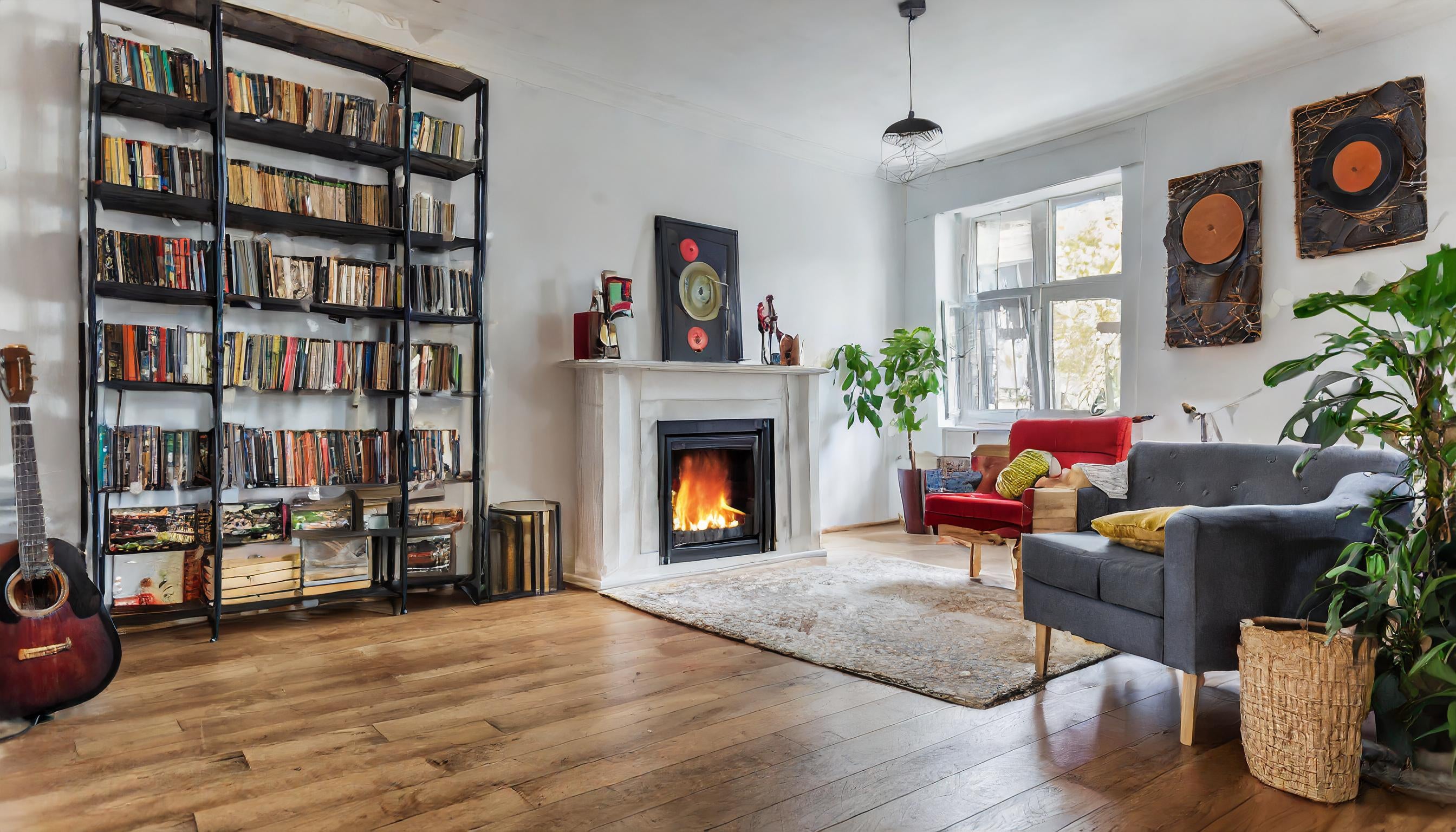 Modern_apartment_with_wooden_floor_fireplace_white_wall_and_bookshelf_full_of_music_recor